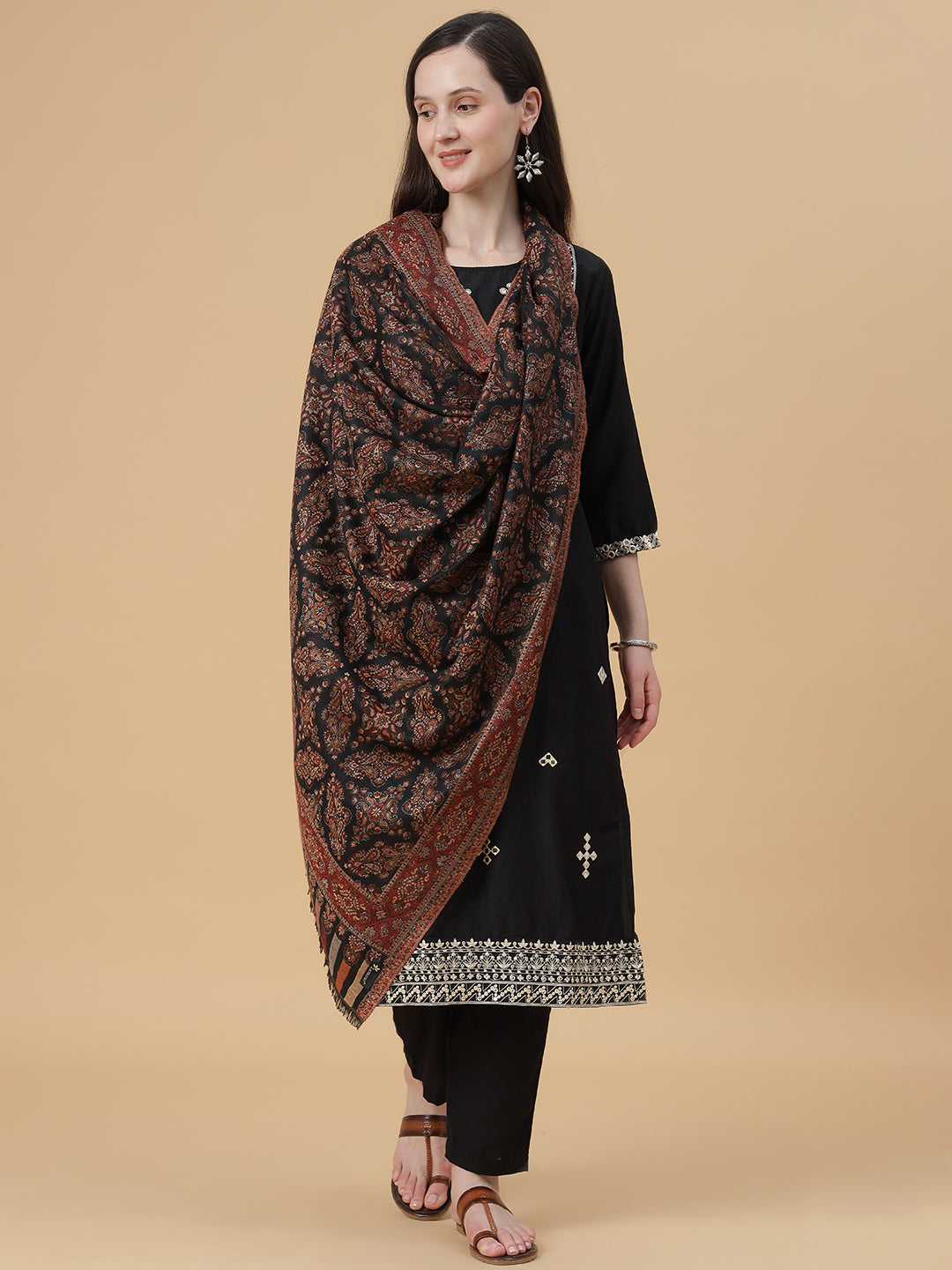 Kani Weave Woven Shawl for Women in Paisley Design | Black