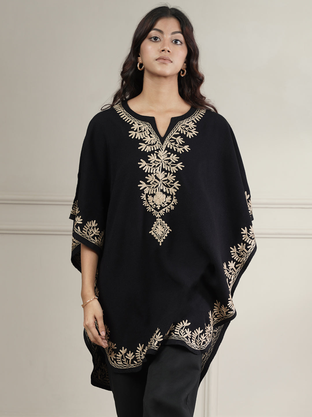 Woollen Aari Embroidered Kaftan Style Poncho for Winter | Black