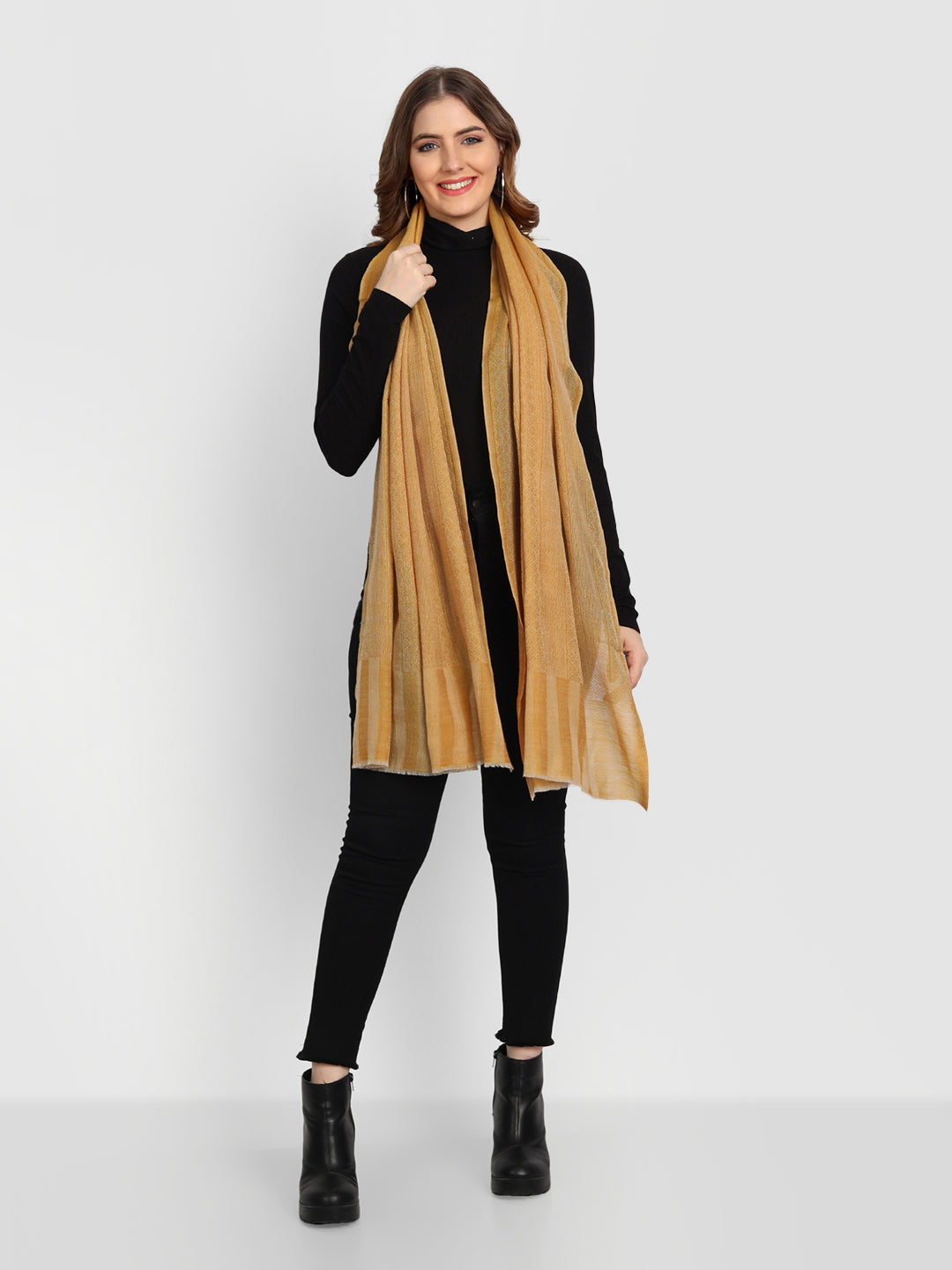 Pure Fine Wool Woolen Stole for Women in Striped Weaving | Mustard
