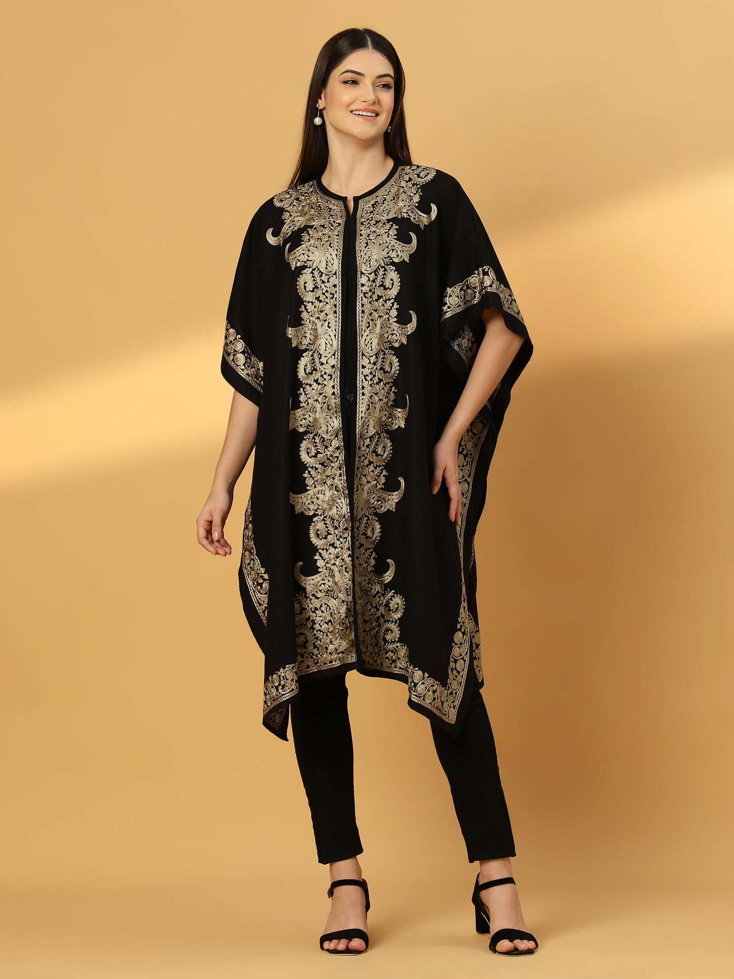 Floral Embroidery Black Pheran Shrug