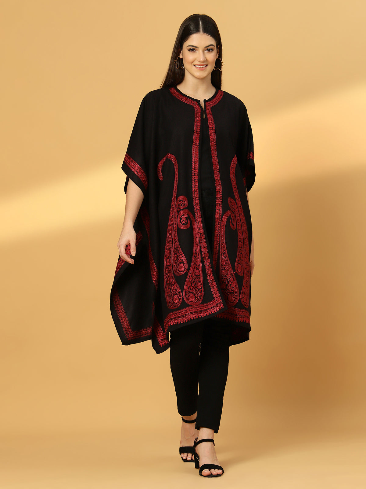 Paisley Embroidery Black and Wine Pheran Shrug