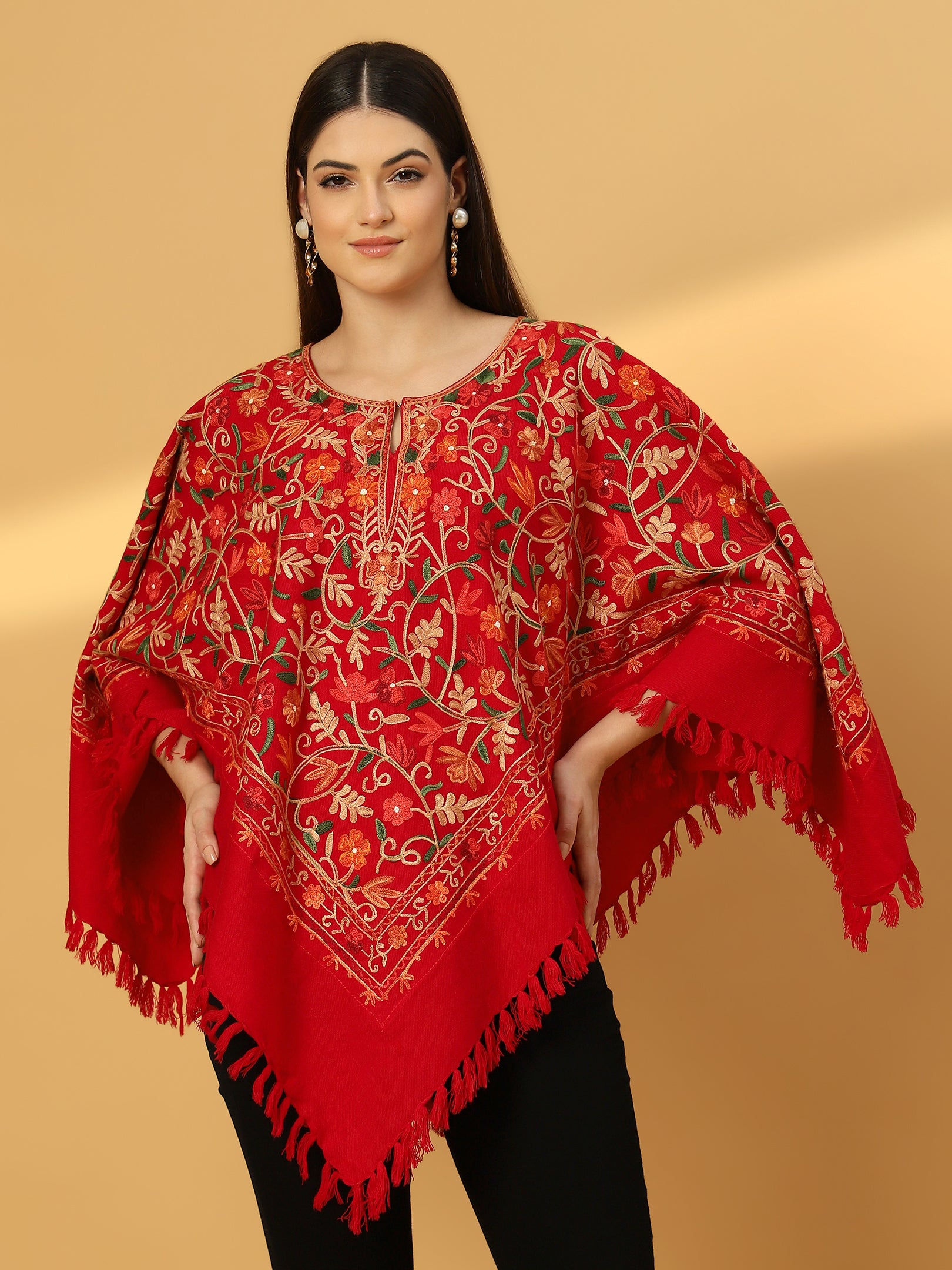 Woolen Kashmiri Poncho with Jaal Embroidery and Silk Lining | Red