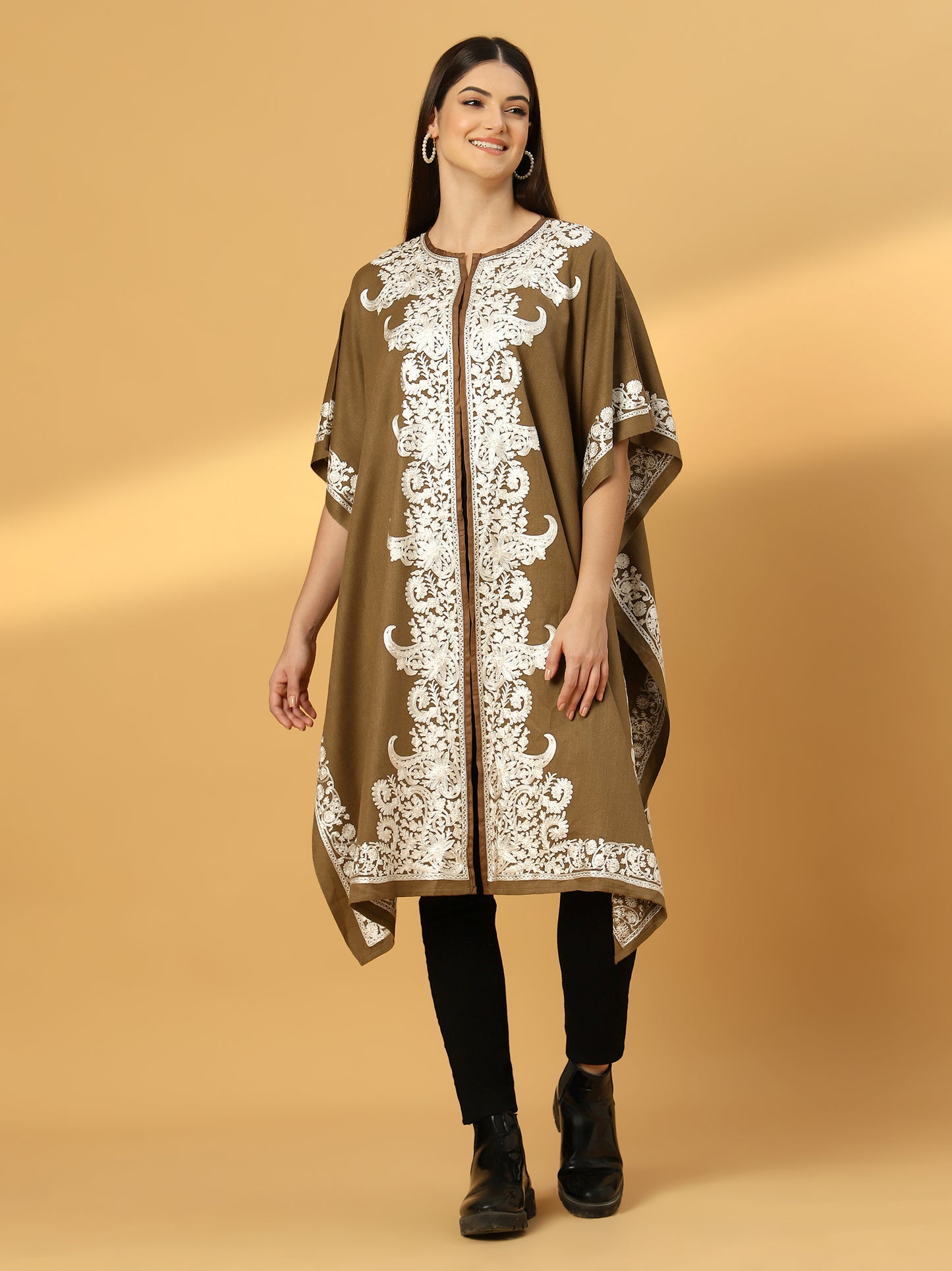 Floral Embroidery Brown Pheran Shrug
