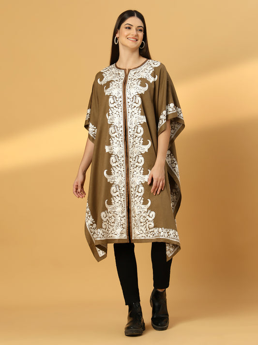 Floral Embroidery Brown Pheran Shrug