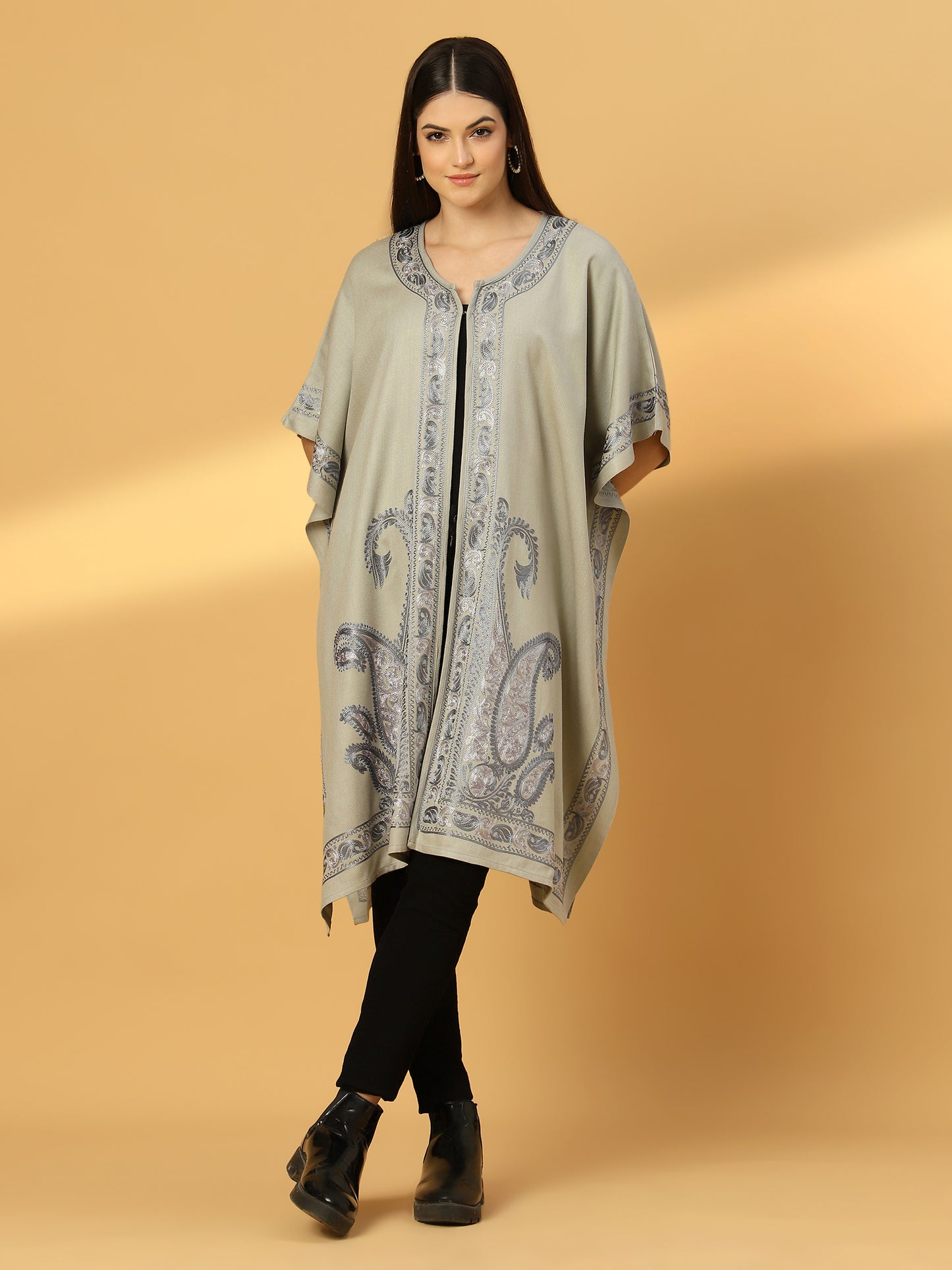 Kashmiri Embroidery Grey Pheran Shrug