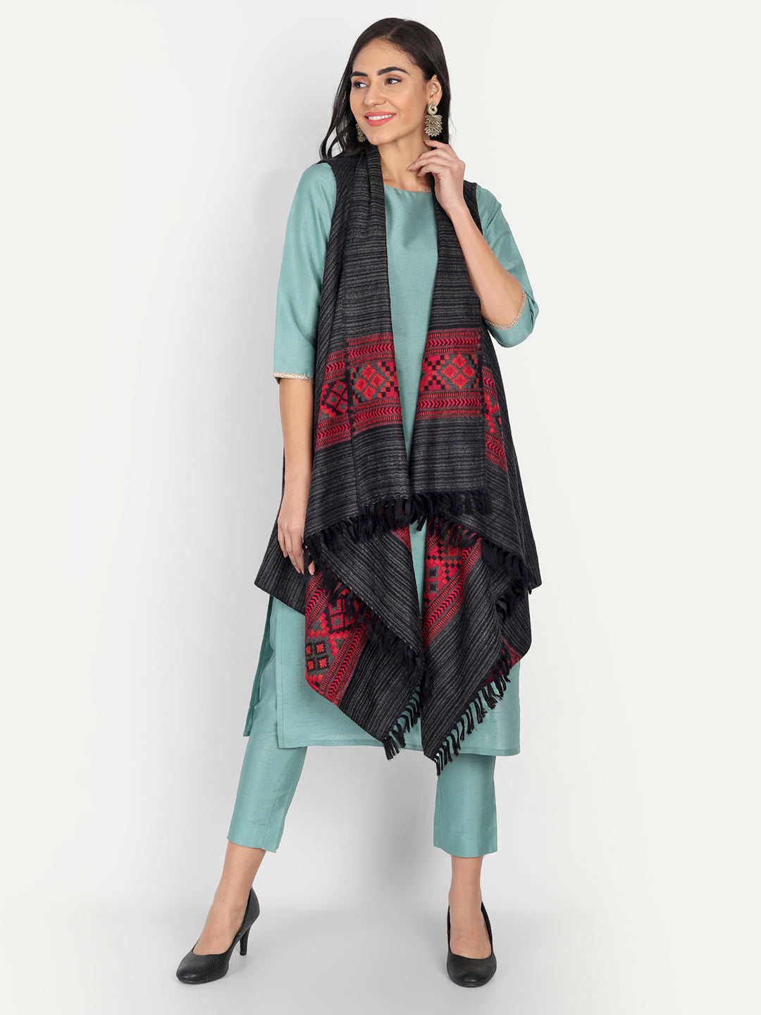 Women's Woven Cape Shrug in Himalayan Stripes | Black