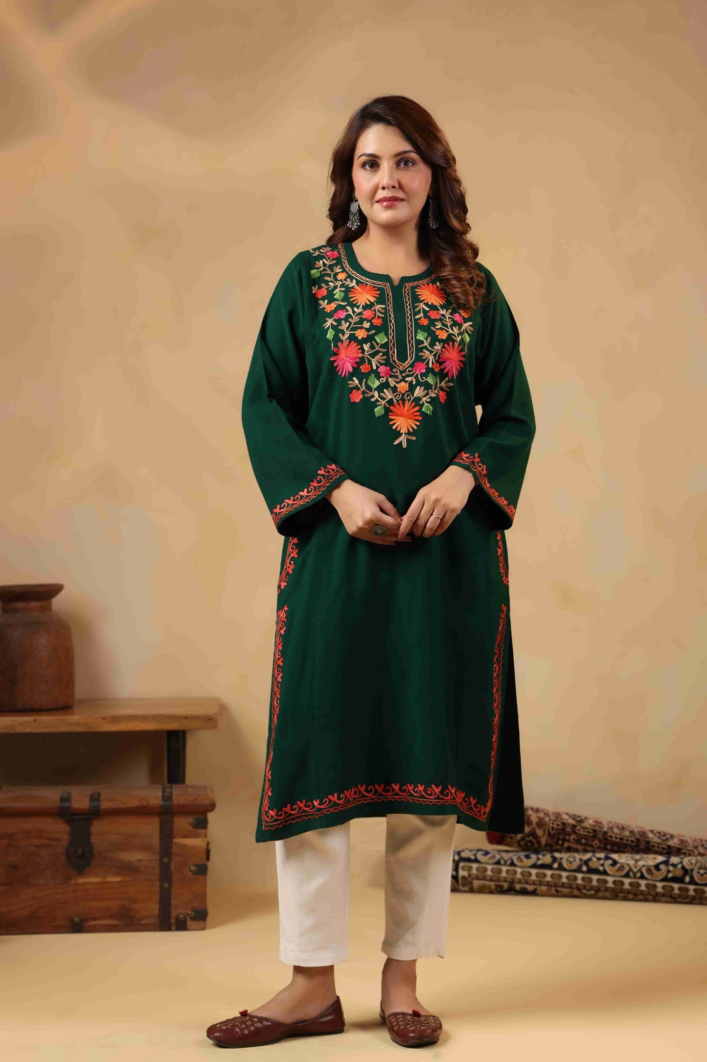 Multicolor Aari Embroidery Kashmiri Pheran | Green