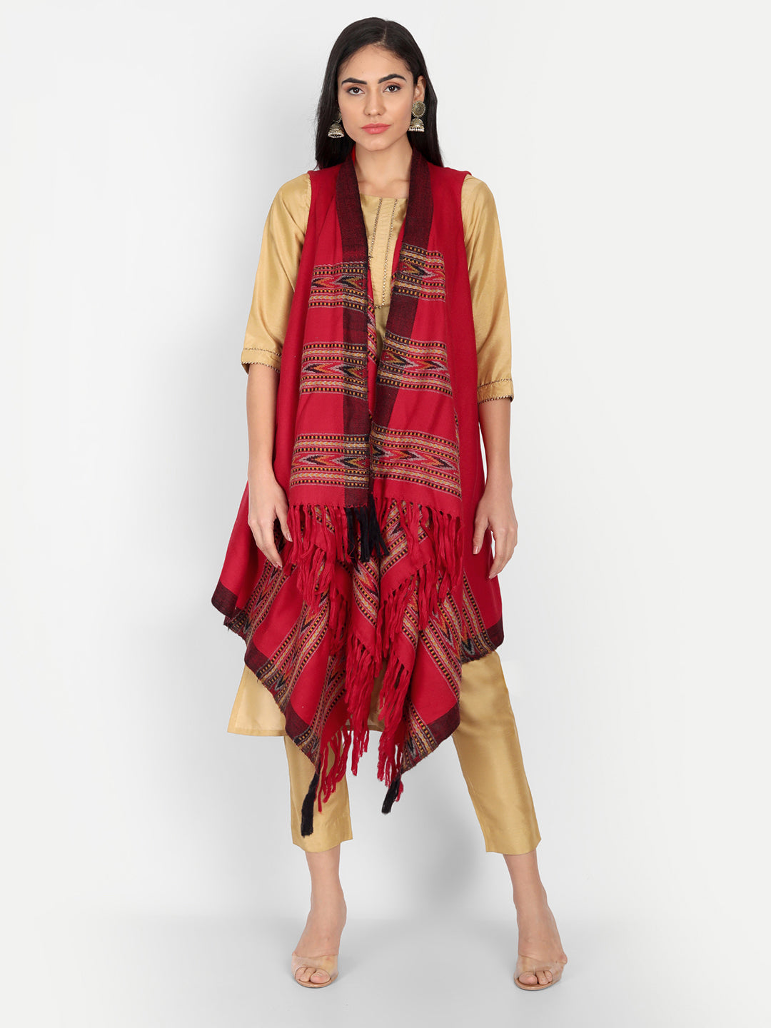 Women's Woven Cape Shrug in Himalayan Stripes | Maroon