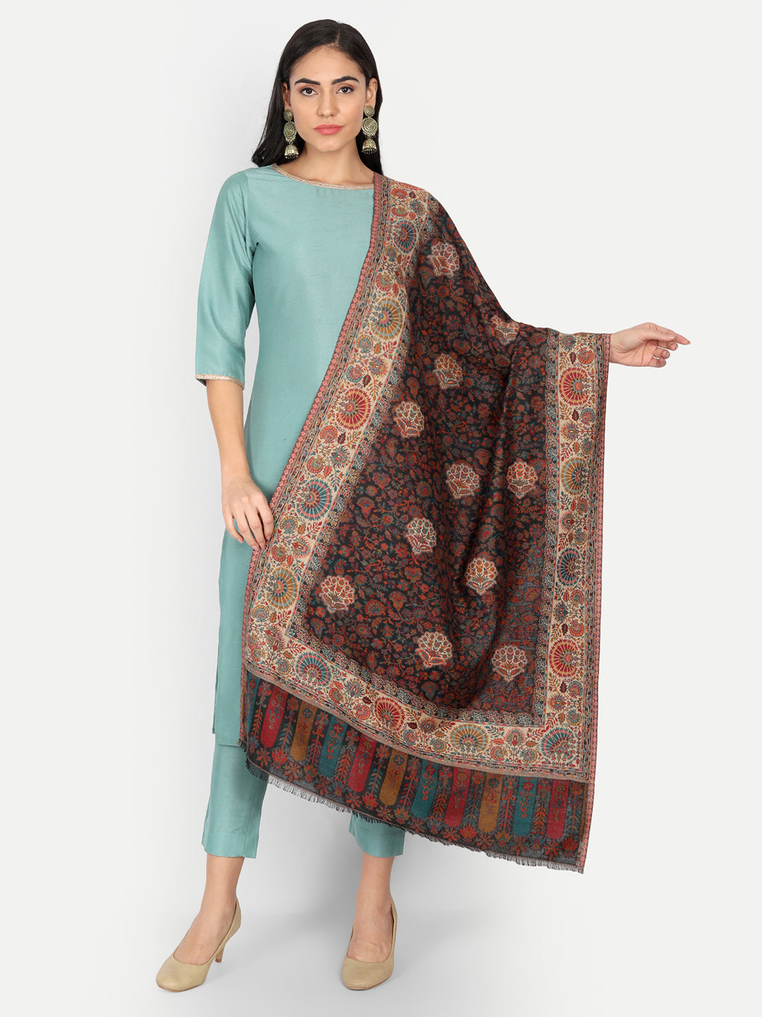 Kashmiri Kani Stole for Women in Paisley Jacquard Weaving | Black