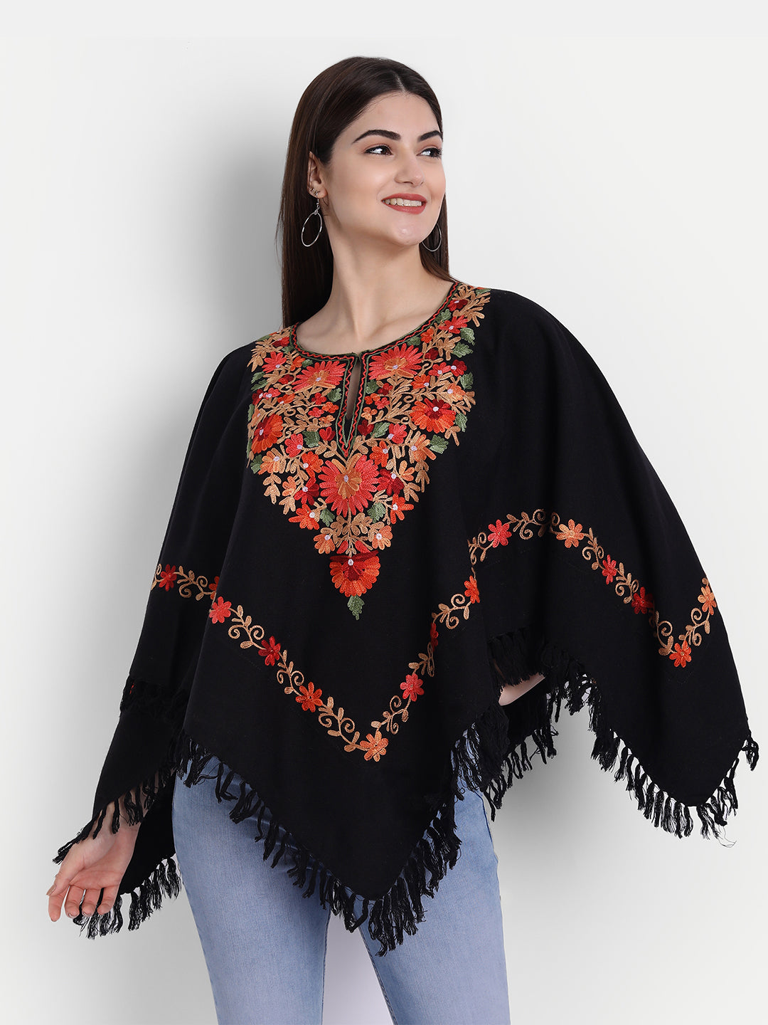 Woollen Poncho with Kashmiri Embroidery and Silk Lining | Black