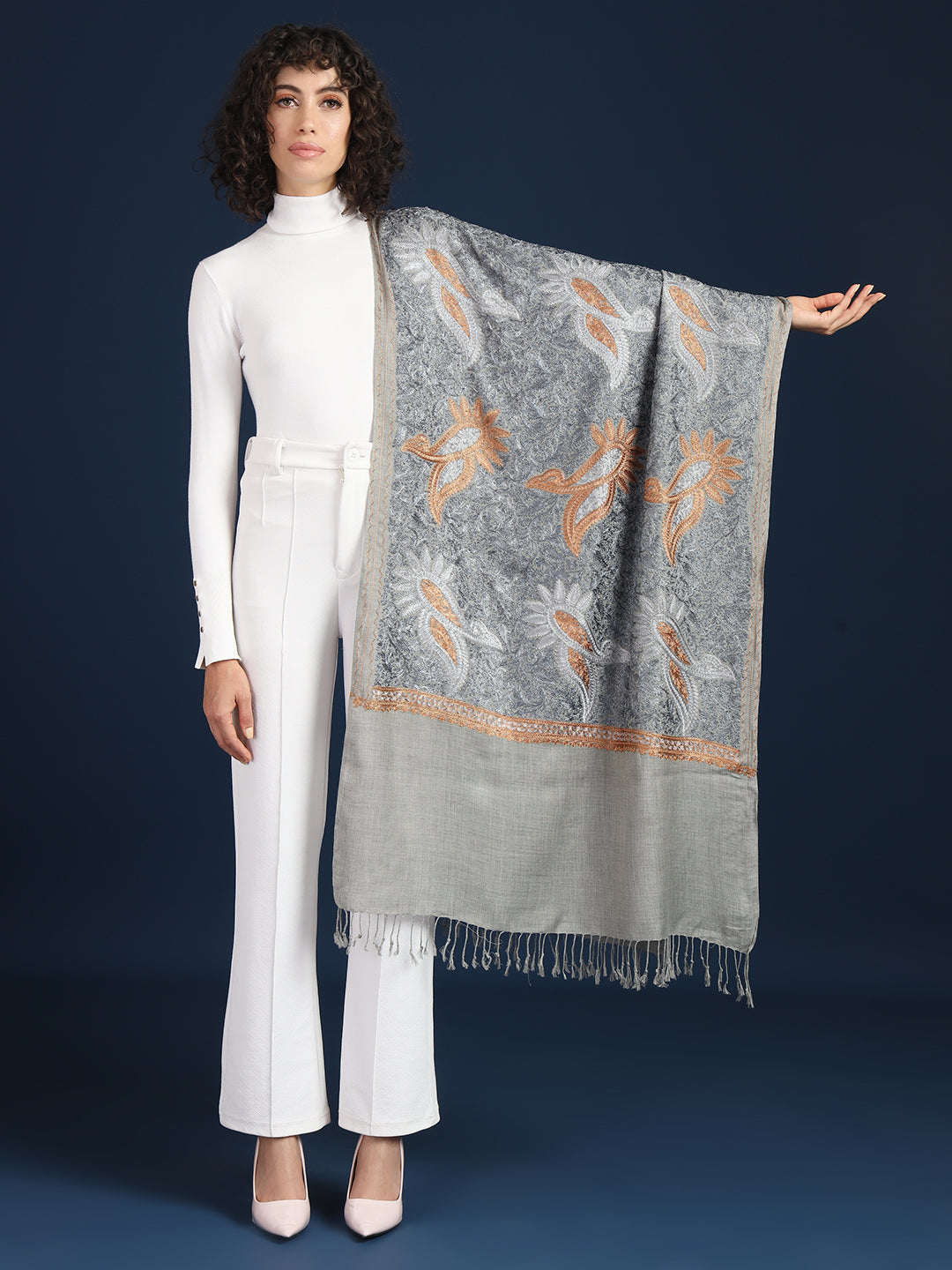 Woollen Pashmina Feel Stole in Silk Embroidery for Women | Grey