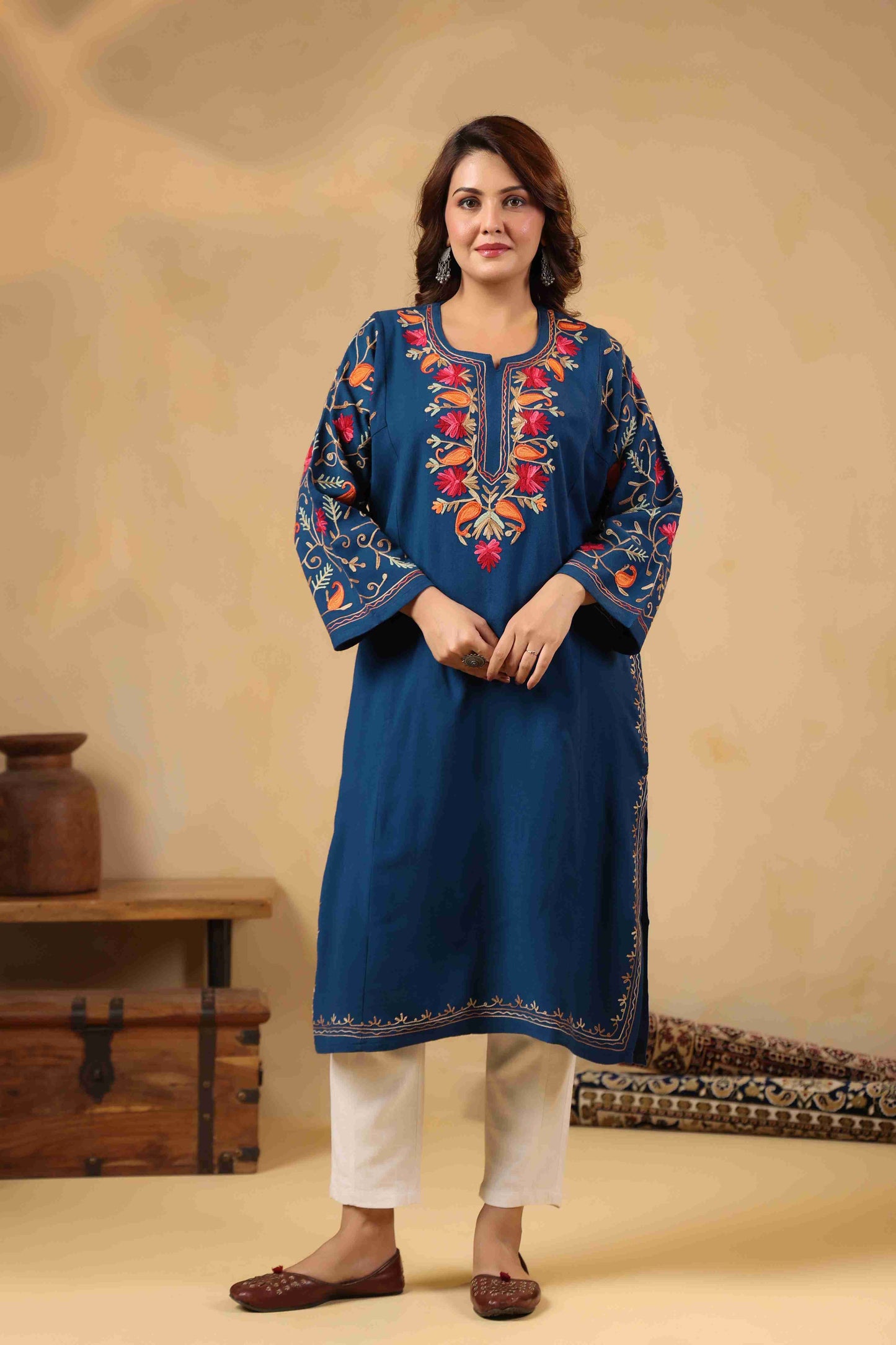 Multicolor Aari Embroidery Kashmiri Pheran | Blue