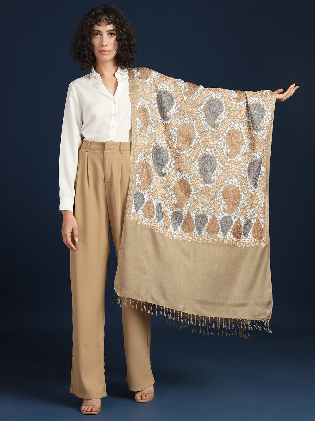 Woollen Pashmina Feel Royal Stole in Silk Embroidery Dense Jaal for Women | Brown