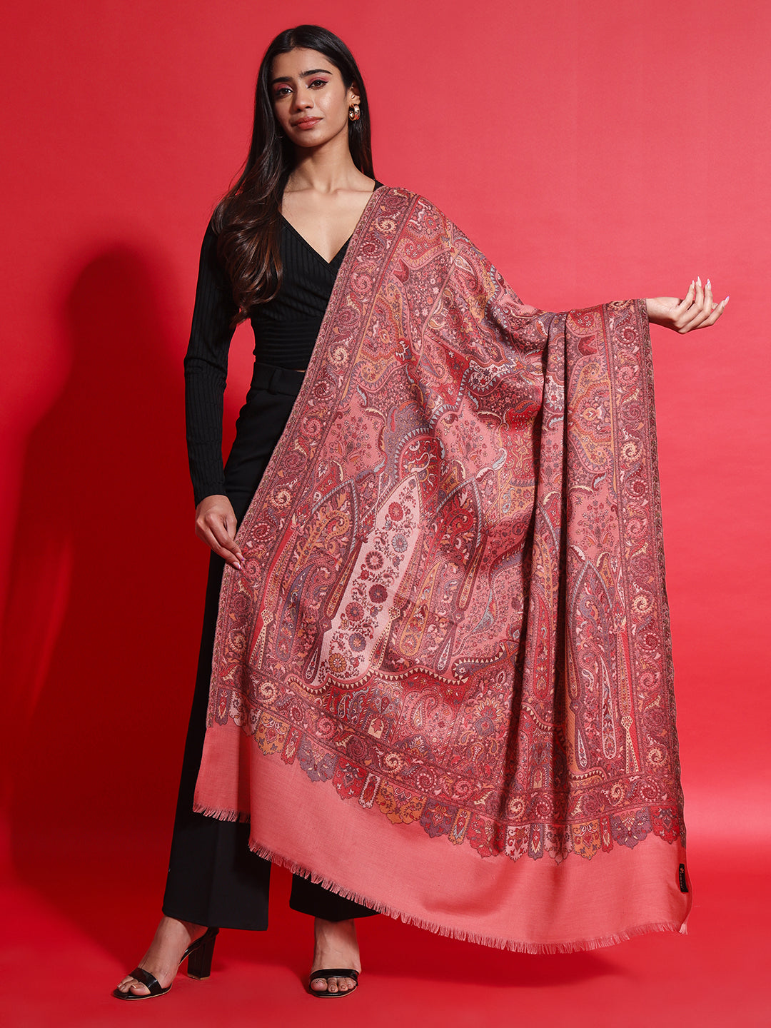 Kani Pure Wool Shawl for Women with Paisley Equisite Pattern | Peach