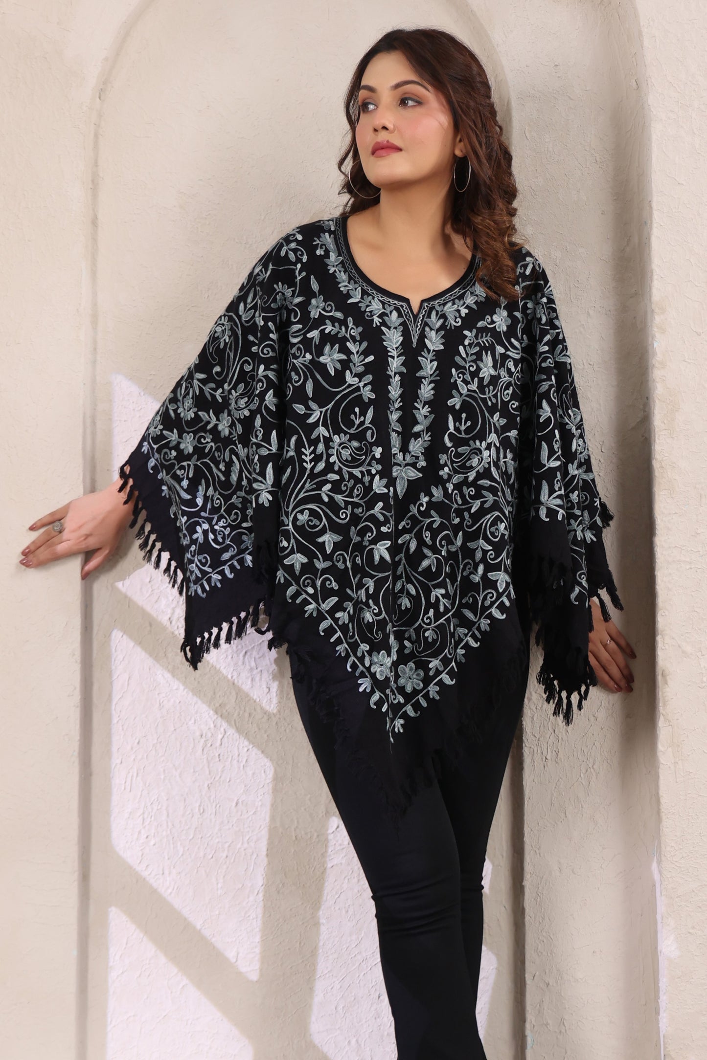 Woollen Poncho Top with Kashmiri Hand Embroidered Jaal and Inner Lining | Black