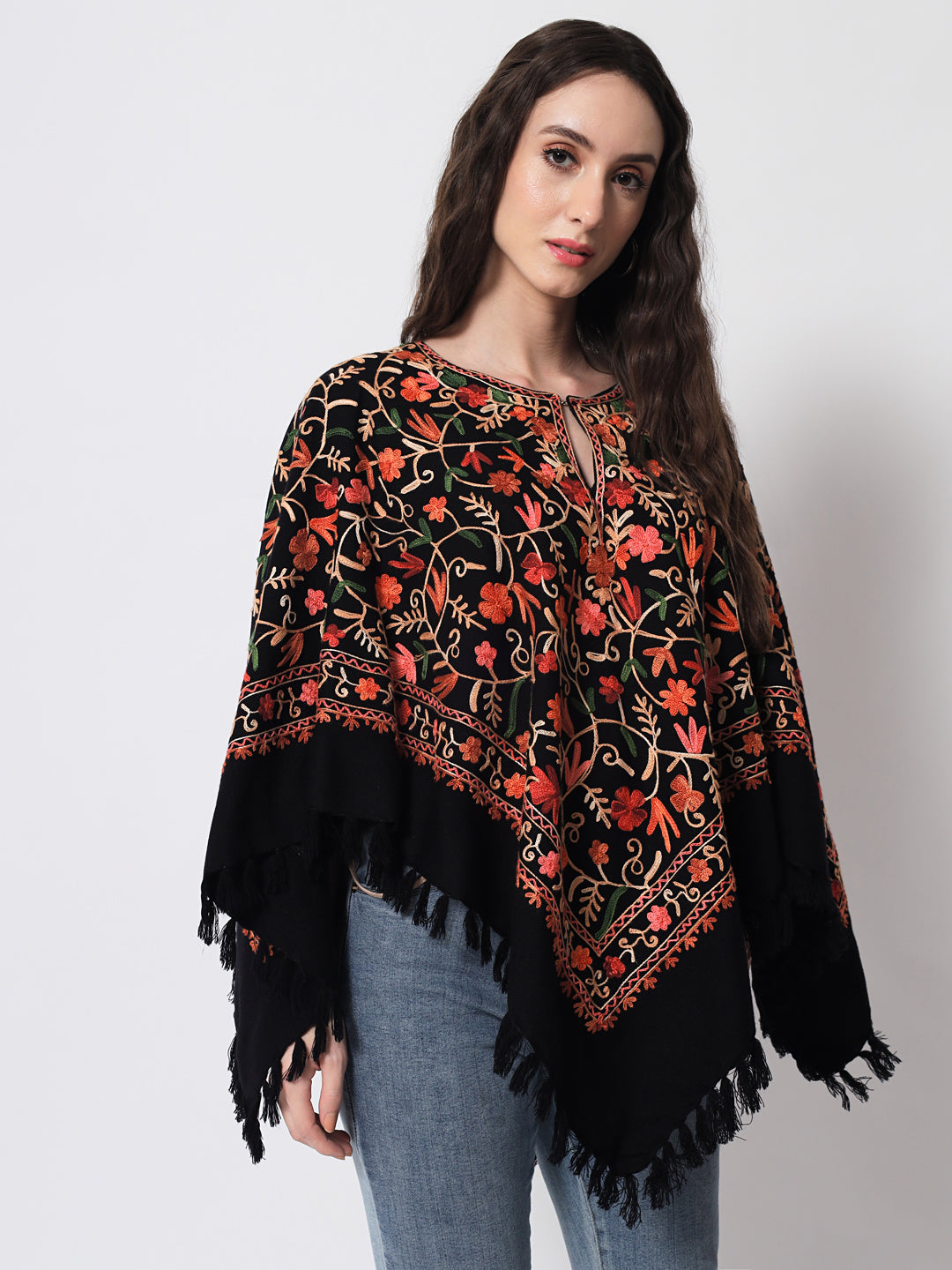 Woolen Kashmiri Poncho with Jaal Embroidery and Silk Lining | Black