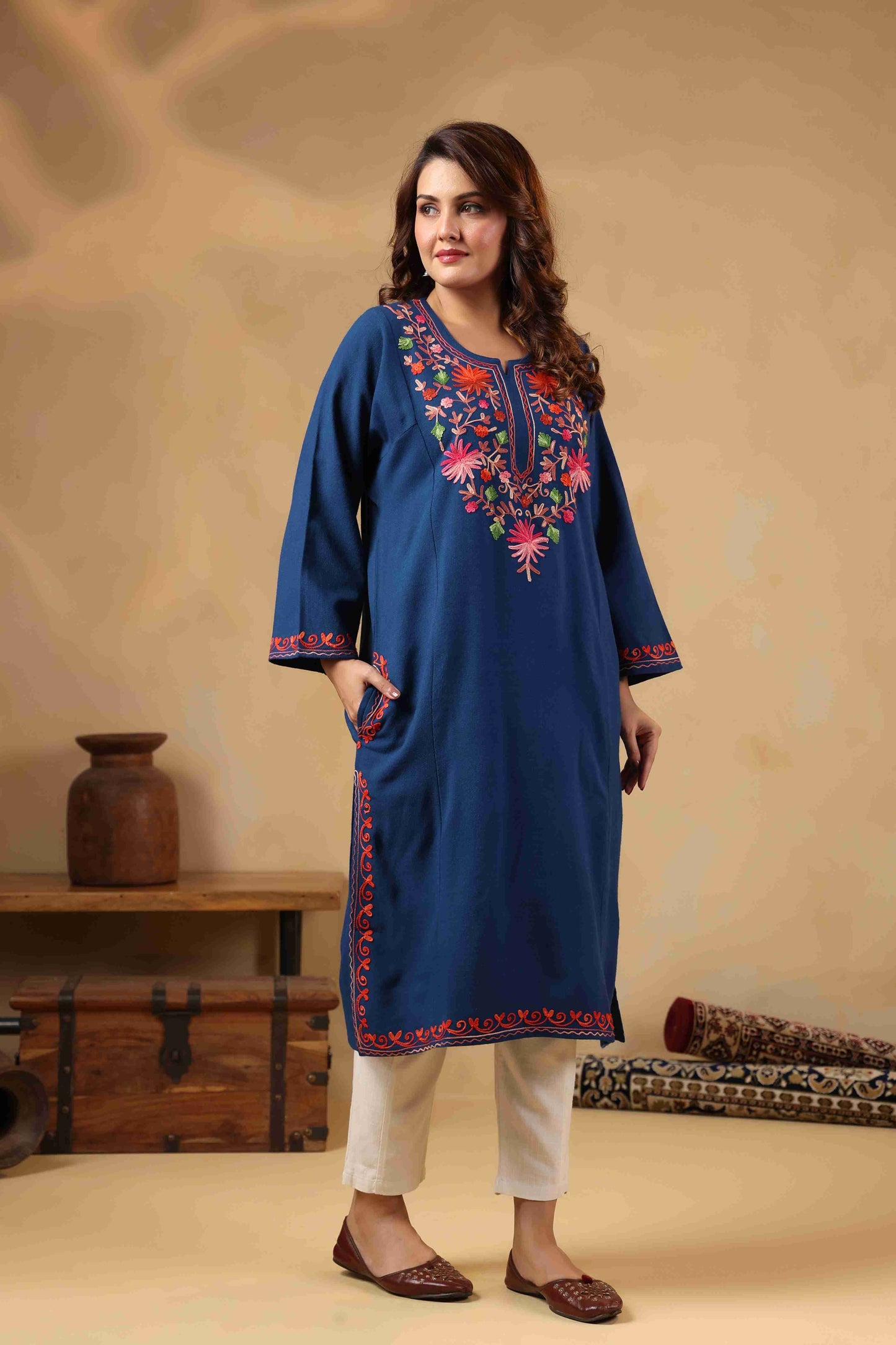 Multicolor Aari Embroidery Kashmiri Pheran | Blue