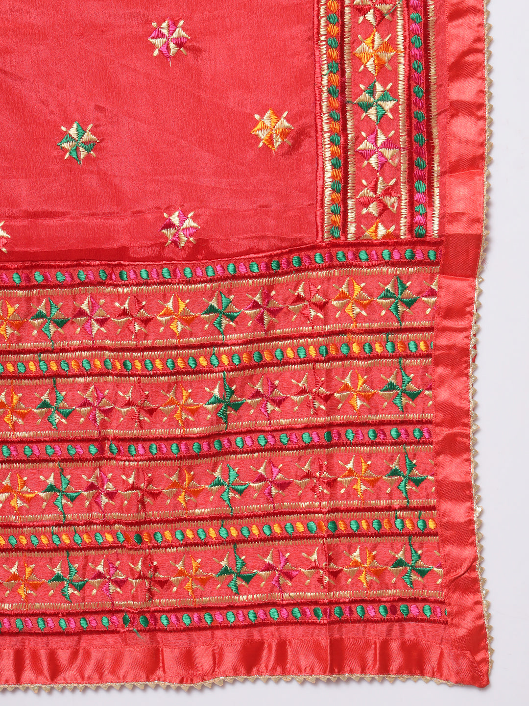 Punjabi Phulkari Dupatta with Heavy Embroidery Border | Red