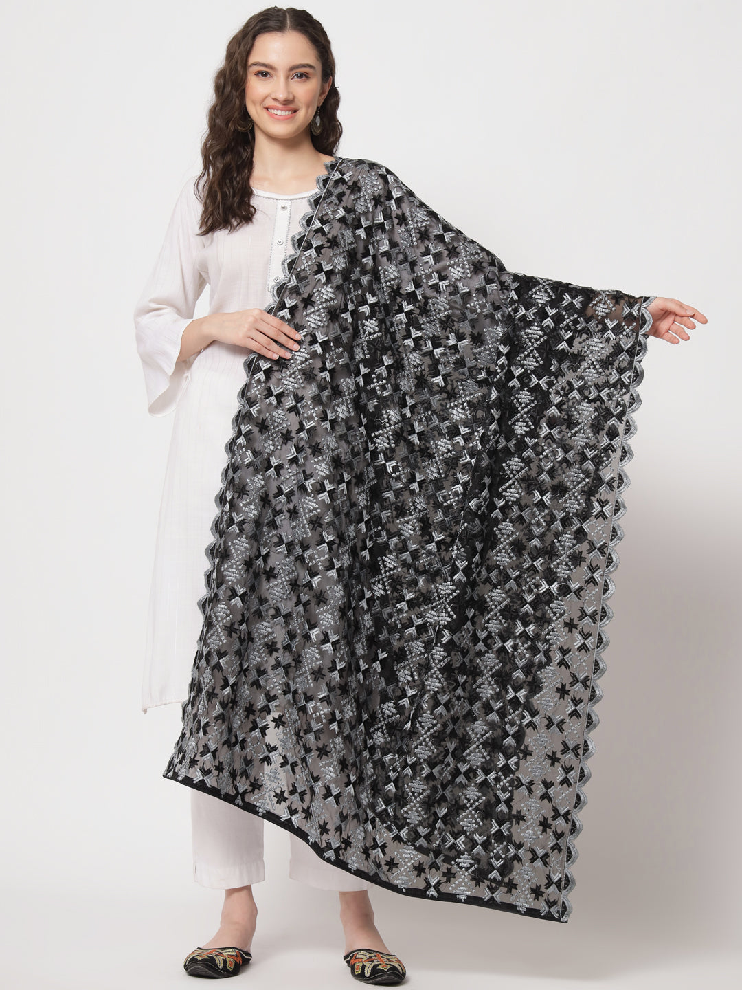 Organza Phulkari Dupatta with Heavy Embroidery | Black