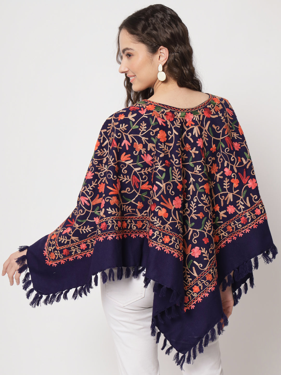 Woolen Kashmiri Poncho with Jaal Embroidery and Silk Lining | Blue