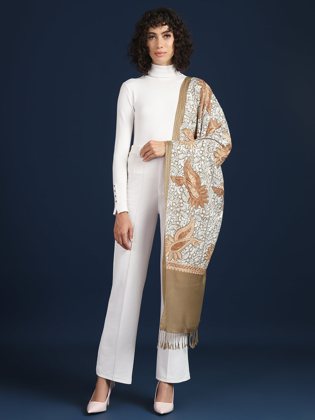 Woollen Pashmina Feel Stole in Silk Embroidery for Women | Brown