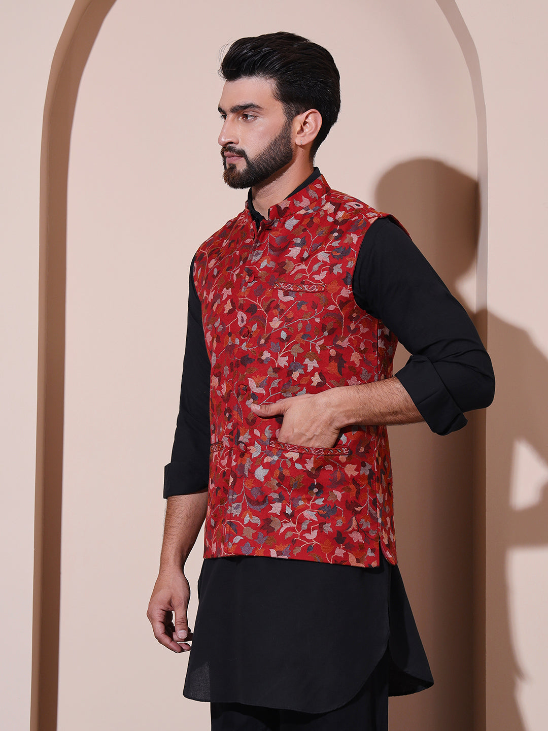 Kani Weave Ethnic Nehru Jacket in Kashmiri Paisleys for Men | Red
