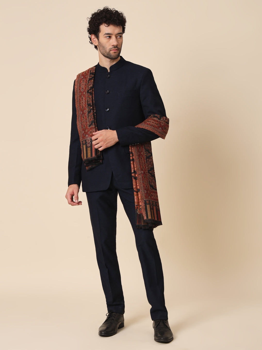 Kani Weave Woven Shawl for Men in Paisley Design | Black