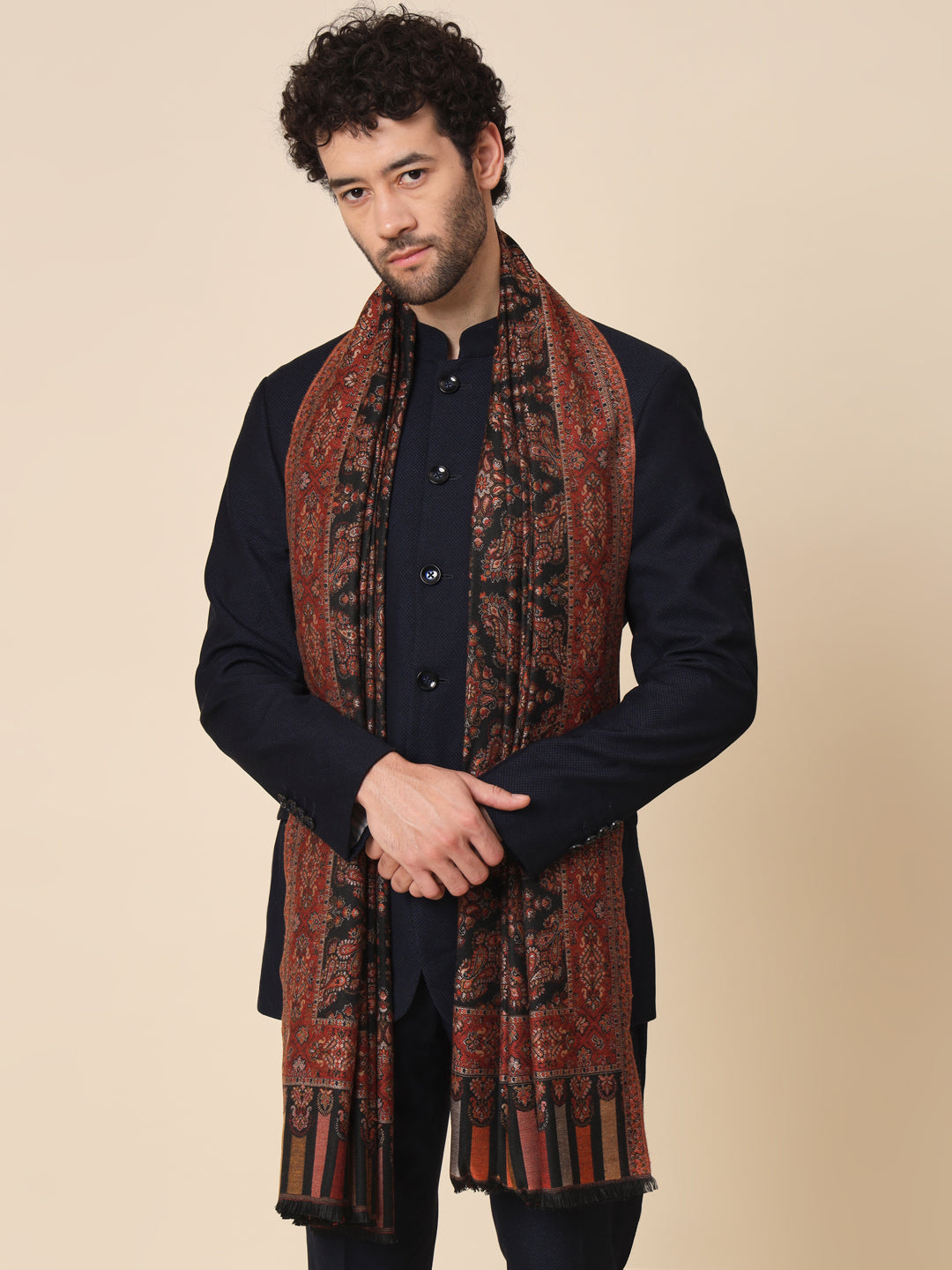 Kani Weave Woven Shawl for Men in Paisley Design | Black