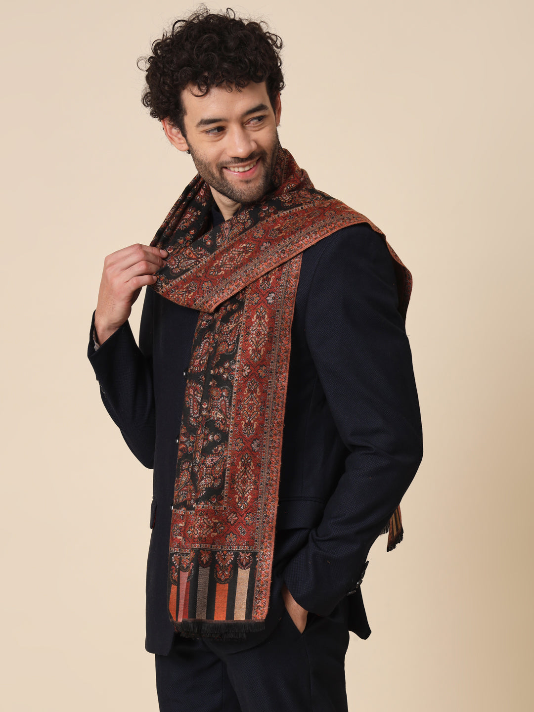 Kani Weave Woven Shawl for Men in Paisley Design | Black