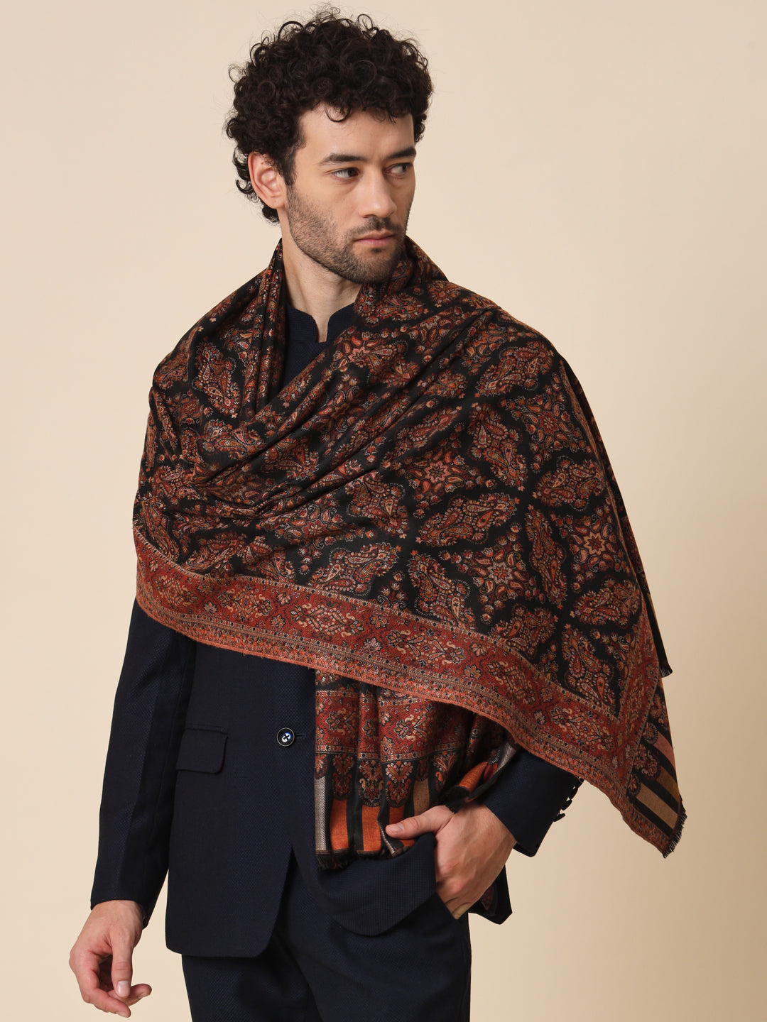 Kani Weave Woven Shawl for Men in Paisley Design | Black
