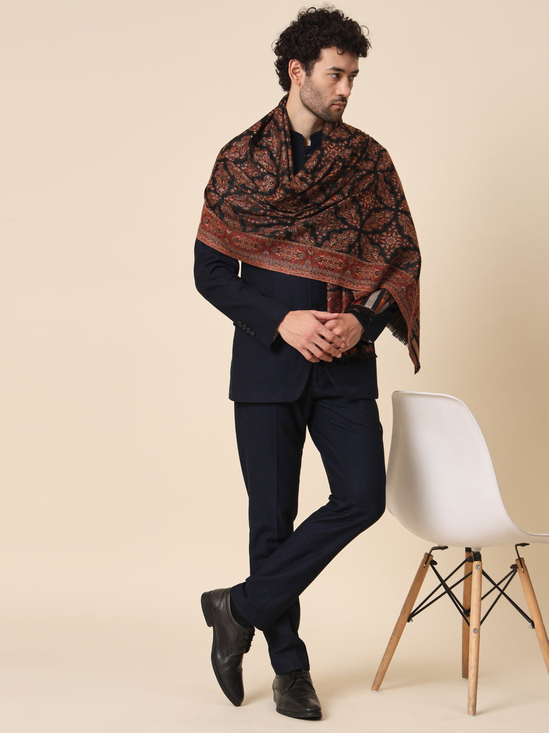 Kani Weave Woven Shawl for Men in Paisley Design | Black