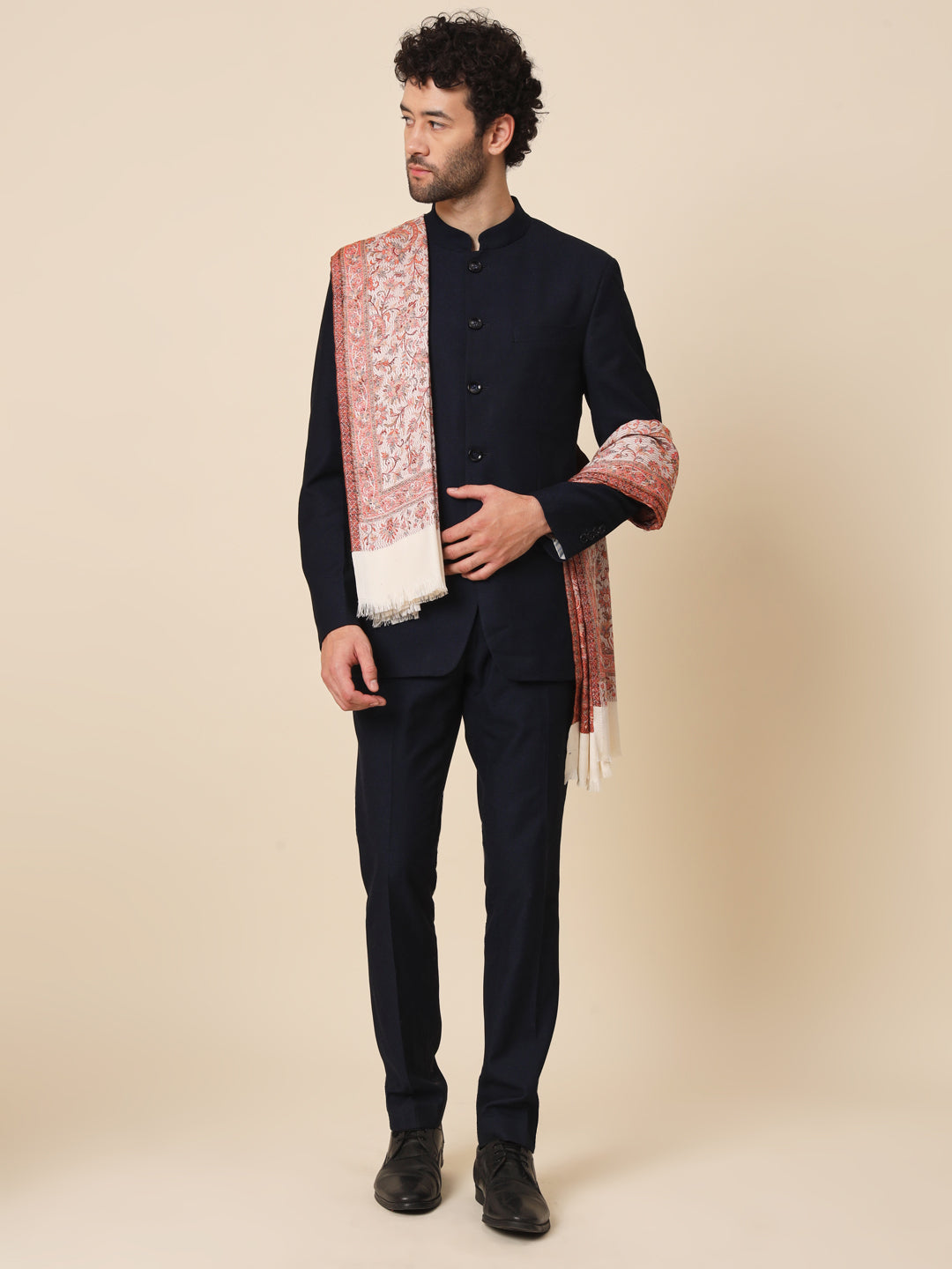 Jacquard Woollen Woven Shawl for Men in Kani Patterns | White