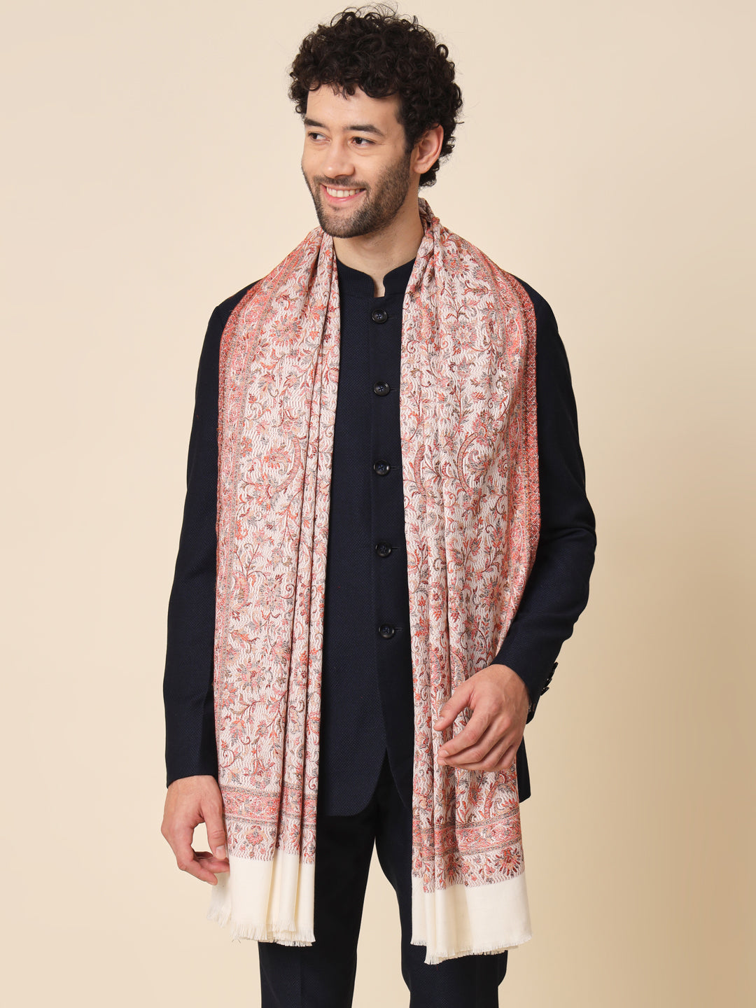 Jacquard Woollen Woven Shawl for Men in Kani Patterns | White