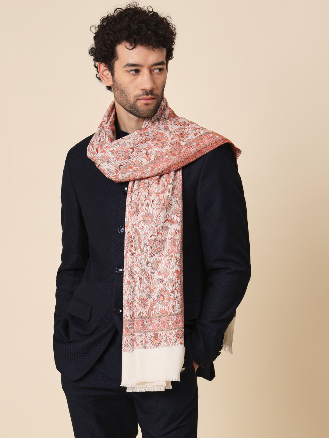 Jacquard Woollen Woven Shawl for Men in Kani Patterns | White