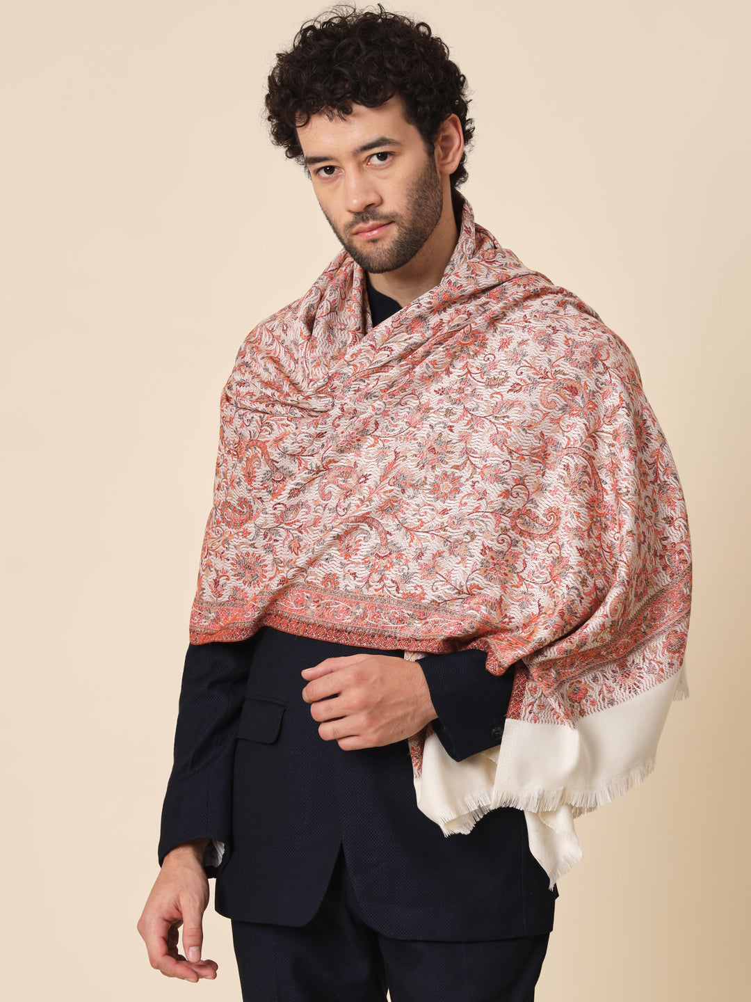 Jacquard Woollen Woven Shawl for Men in Kani Patterns | White