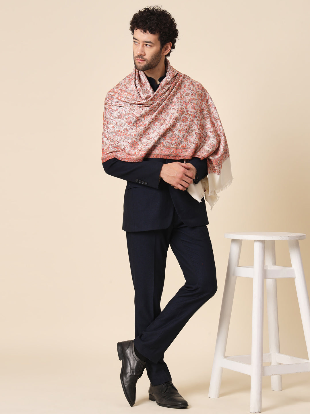 Jacquard Woollen Woven Shawl for Men in Kani Patterns | White