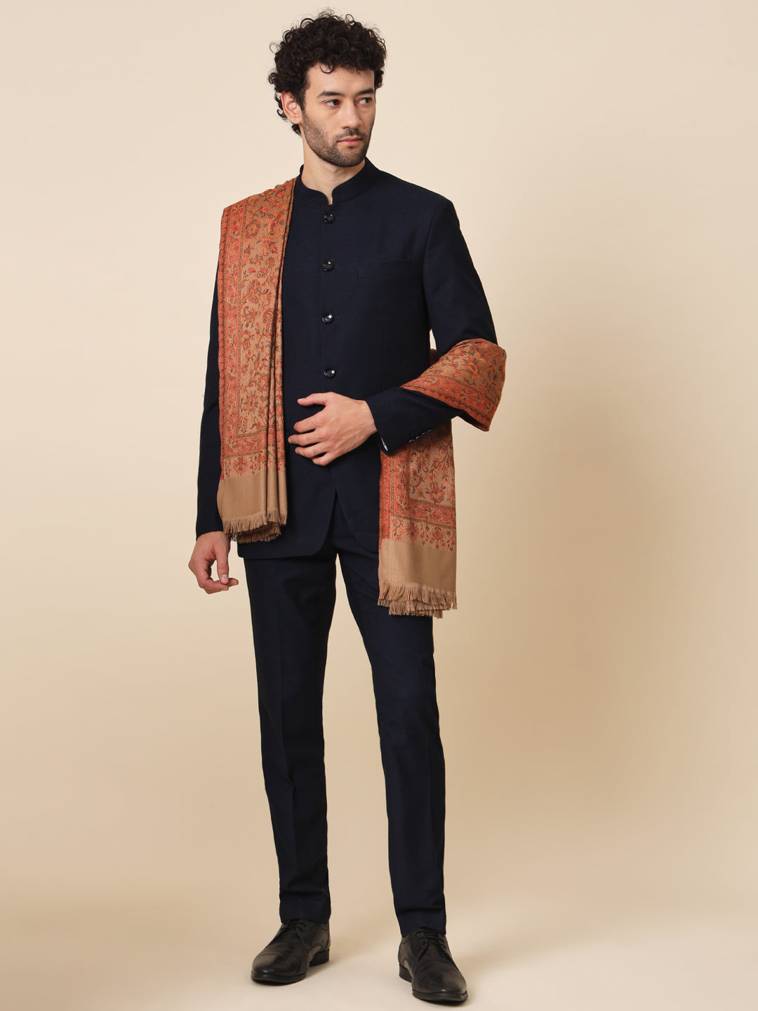 Jacquard Woollen Woven Shawl for Men in Jamawar Patterns | Brown