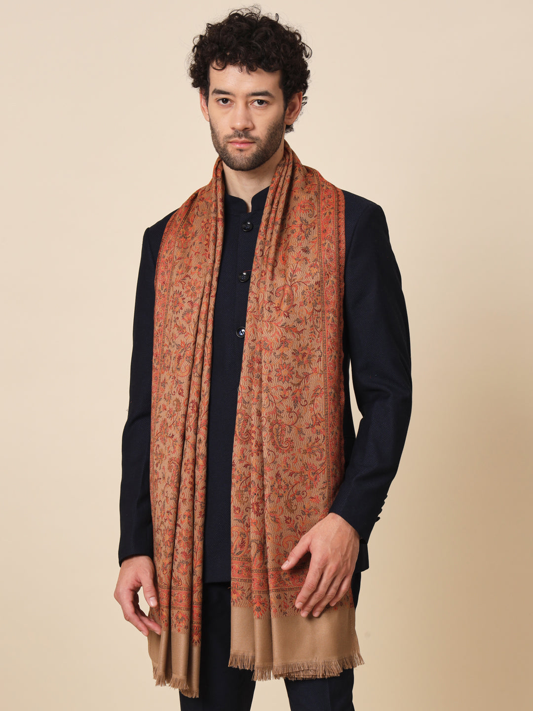 Jacquard Woollen Woven Shawl for Men in Jamawar Patterns | Brown