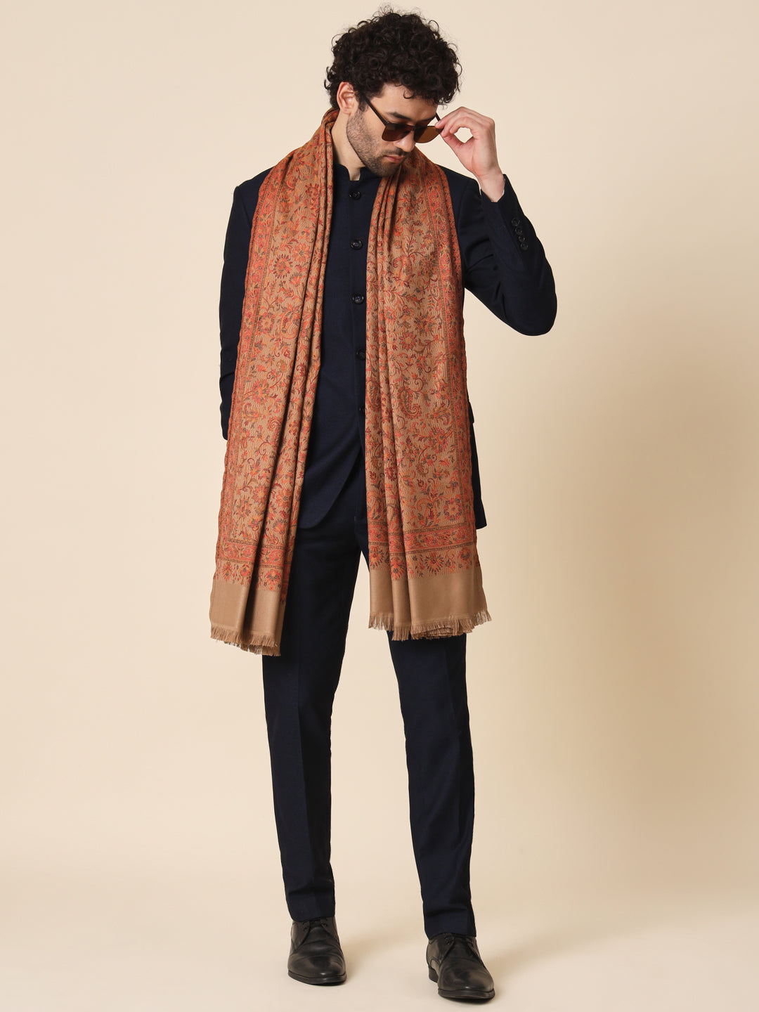Jacquard Woollen Woven Shawl for Men in Jamawar Patterns | Brown