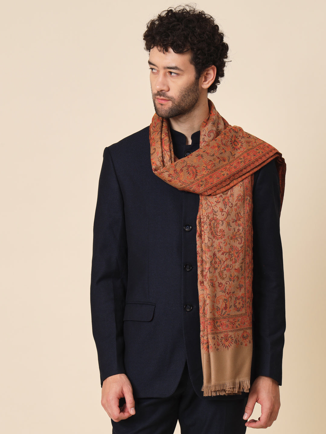 Jacquard Woollen Woven Shawl for Men in Jamawar Patterns | Brown
