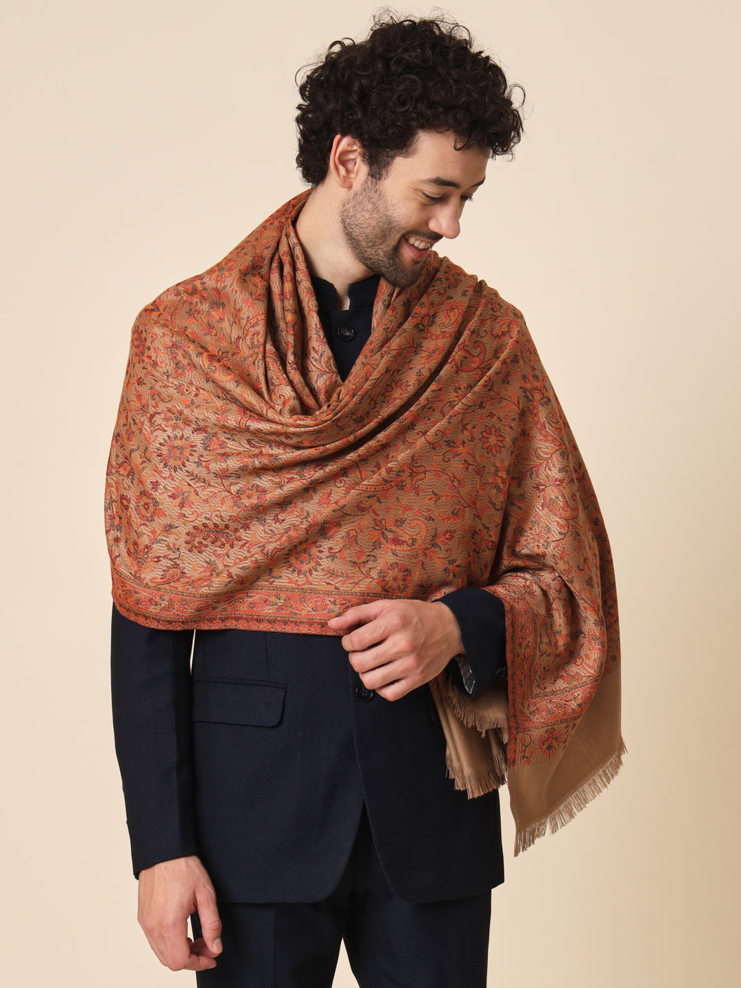 Jacquard Woollen Woven Shawl for Men in Jamawar Patterns | Brown