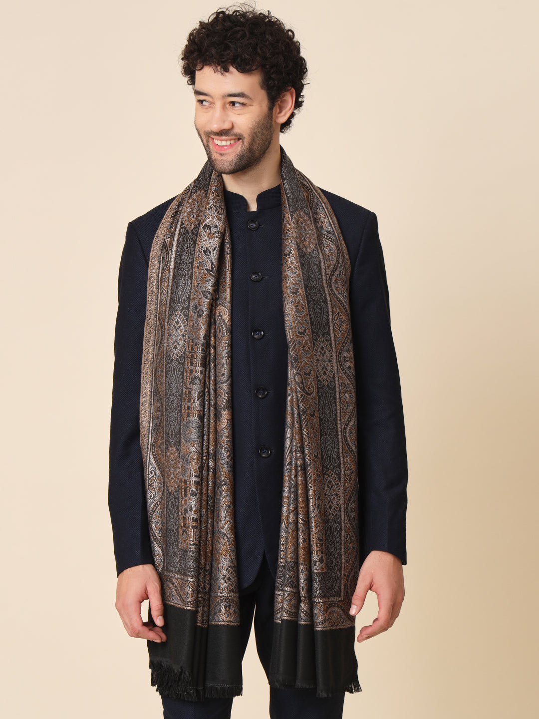 Jacquard Woollen Woven Shawl for Men in Kani Patterns | Black