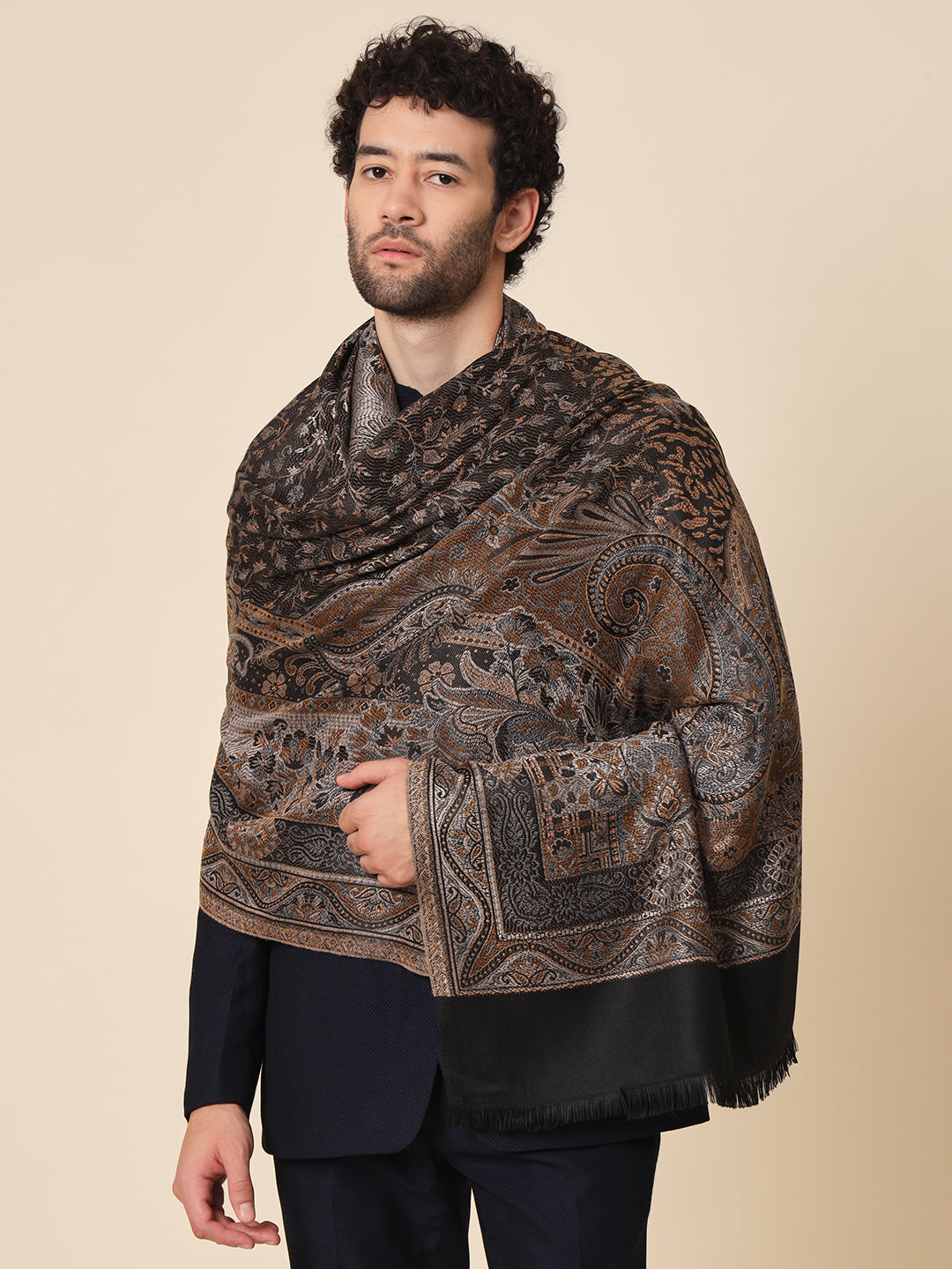 Woolen Shawl for Men featured Pashmina in Jamawar Style Black