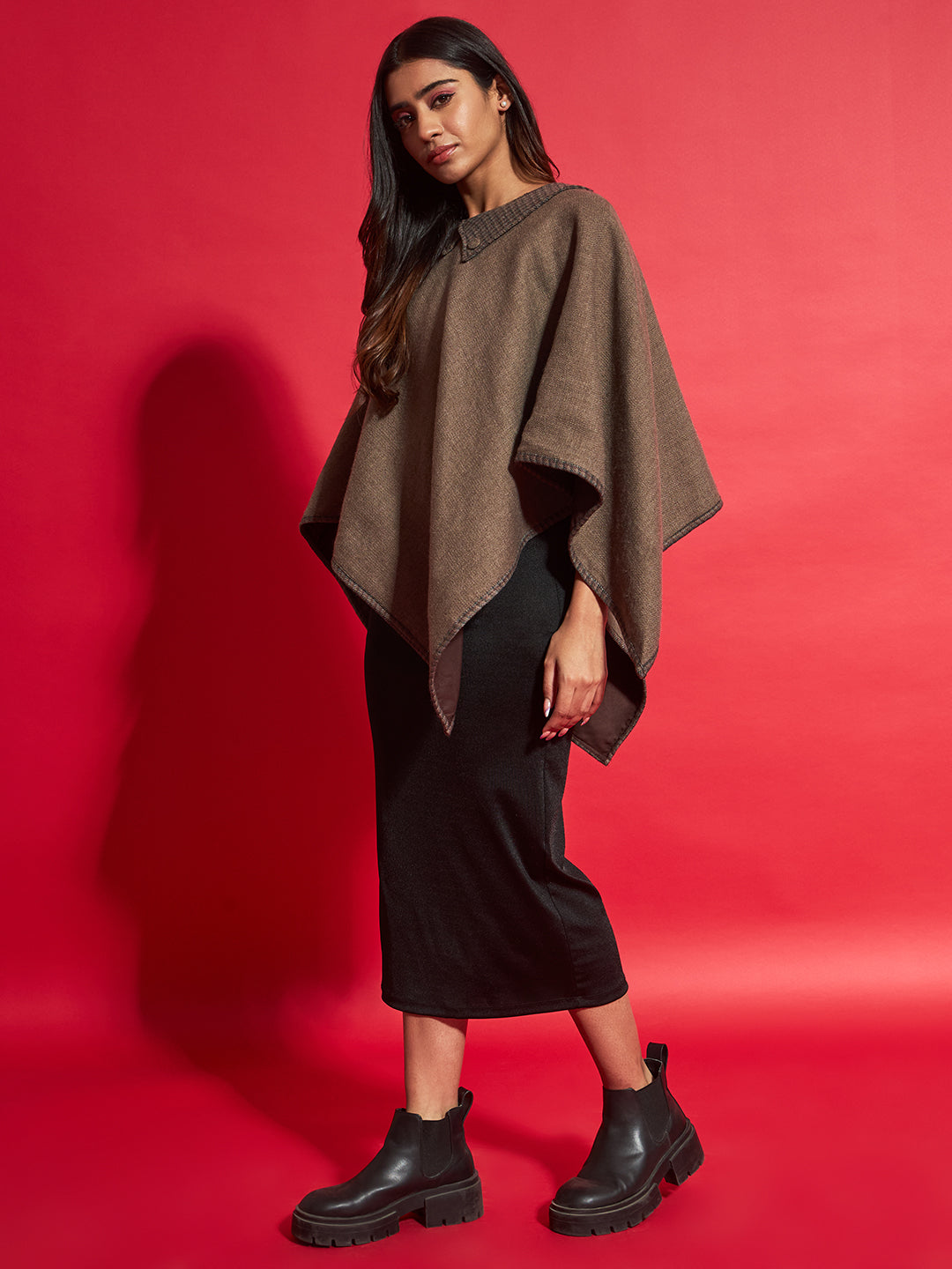 Woven Checked Cashmelon thick Poncho for Women with Double Collar and Lining | Beige