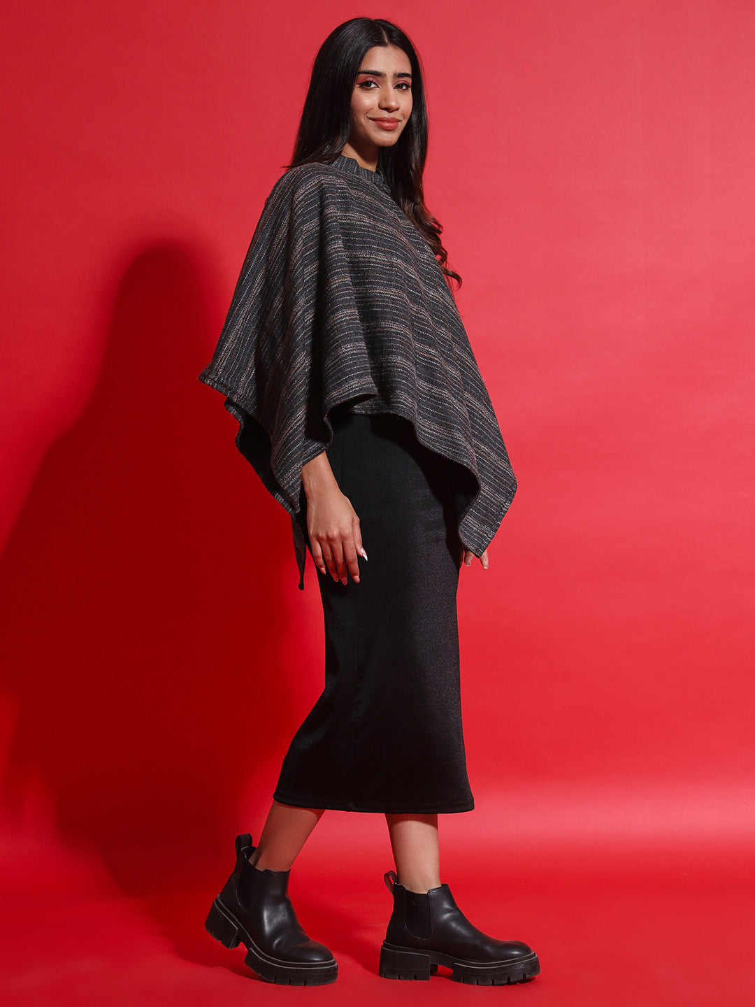 Woven Striped Cashmelon thick Poncho for Women with Mandarin Collar and Lining | Grey