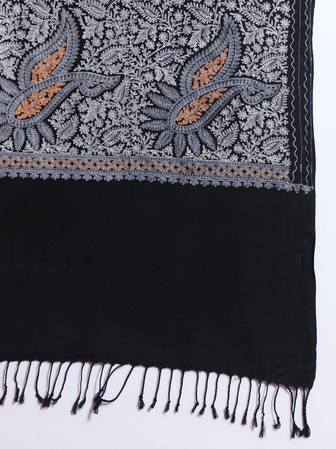 Woollen Pashmina Feel Stole in Silk Embroidery for Women | Black