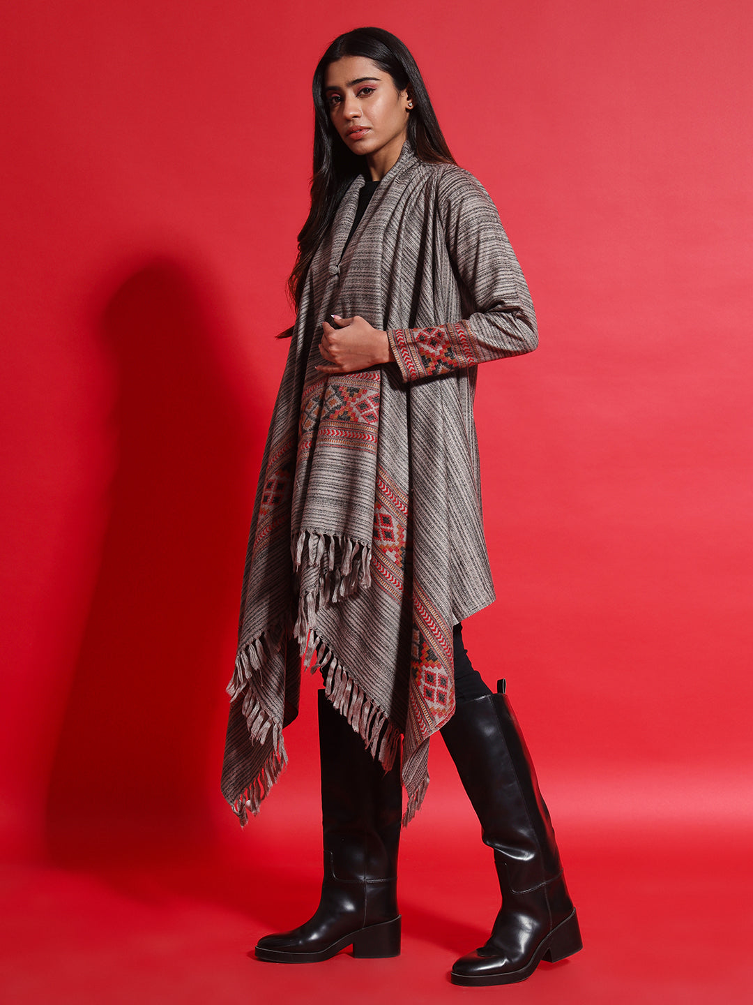 Women's Woven Full Sleeves Cape Shrug in Himalayan Stripes | Grey