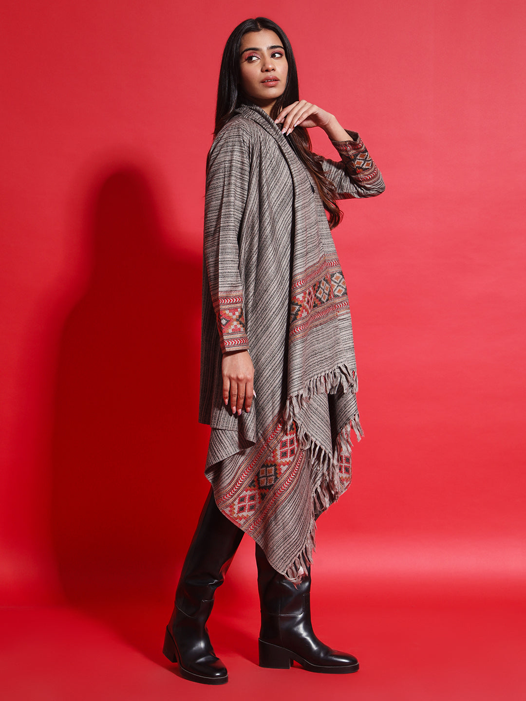Women's Woven Full Sleeves Cape Shrug in Himalayan Stripes | Grey