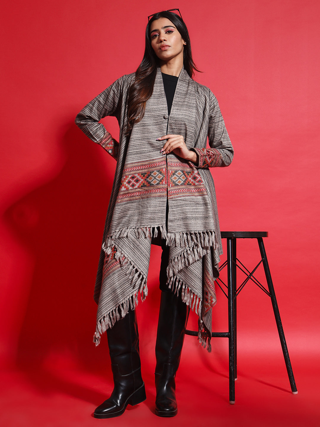 Women's Woven Full Sleeves Cape Shrug in Himalayan Stripes | Grey