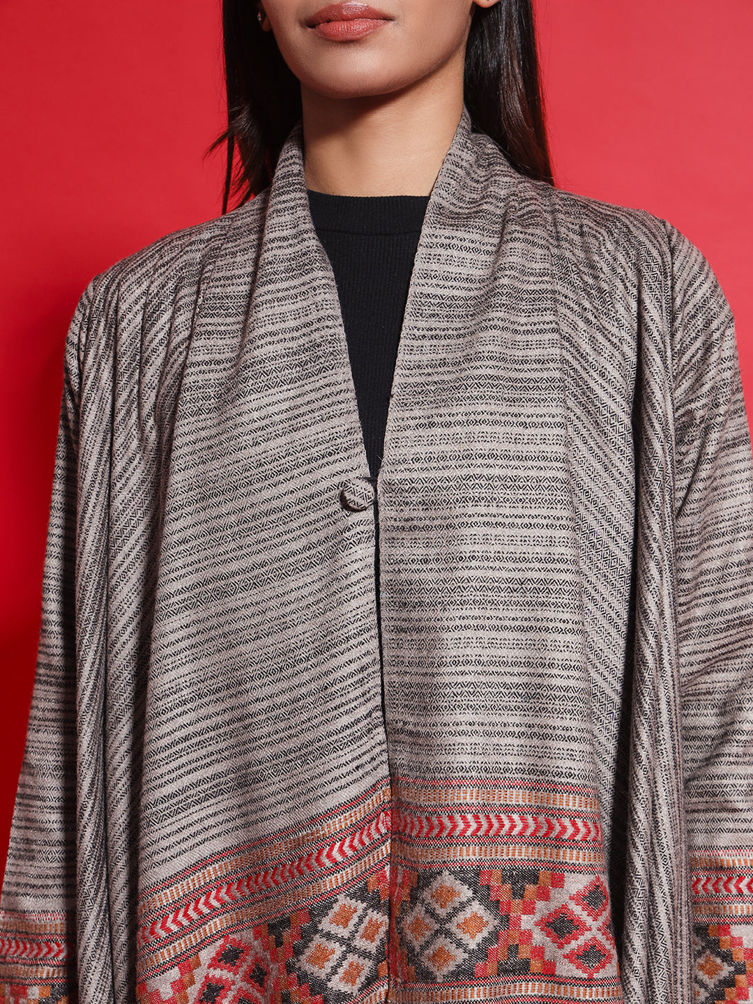 Women's Woven Full Sleeves Cape Shrug in Himalayan Stripes | Grey